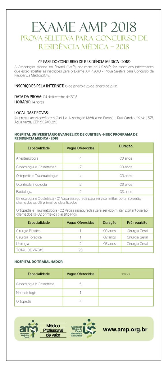 Exame AMP seleciona residentes para hospitais Evangélico e Trabalhador