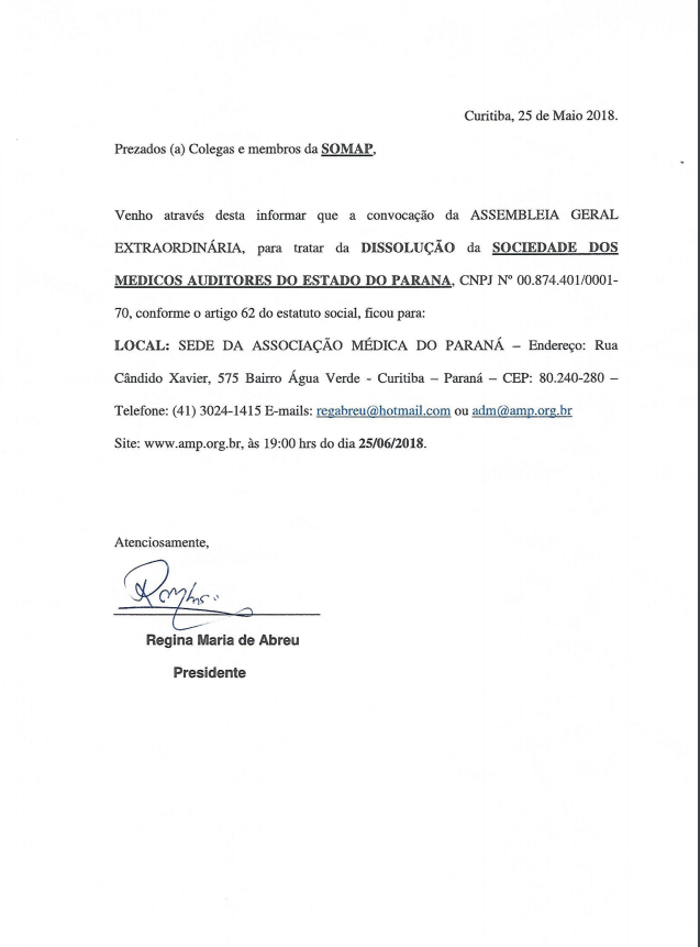 Sociedade dos Médicos Auditores do Estado do Paraná comunica dissolução